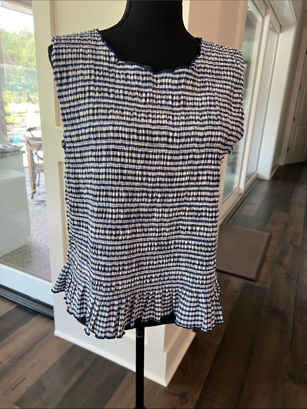 Navy & White Smocked Sleeveless Ruffle-Hem Blouse